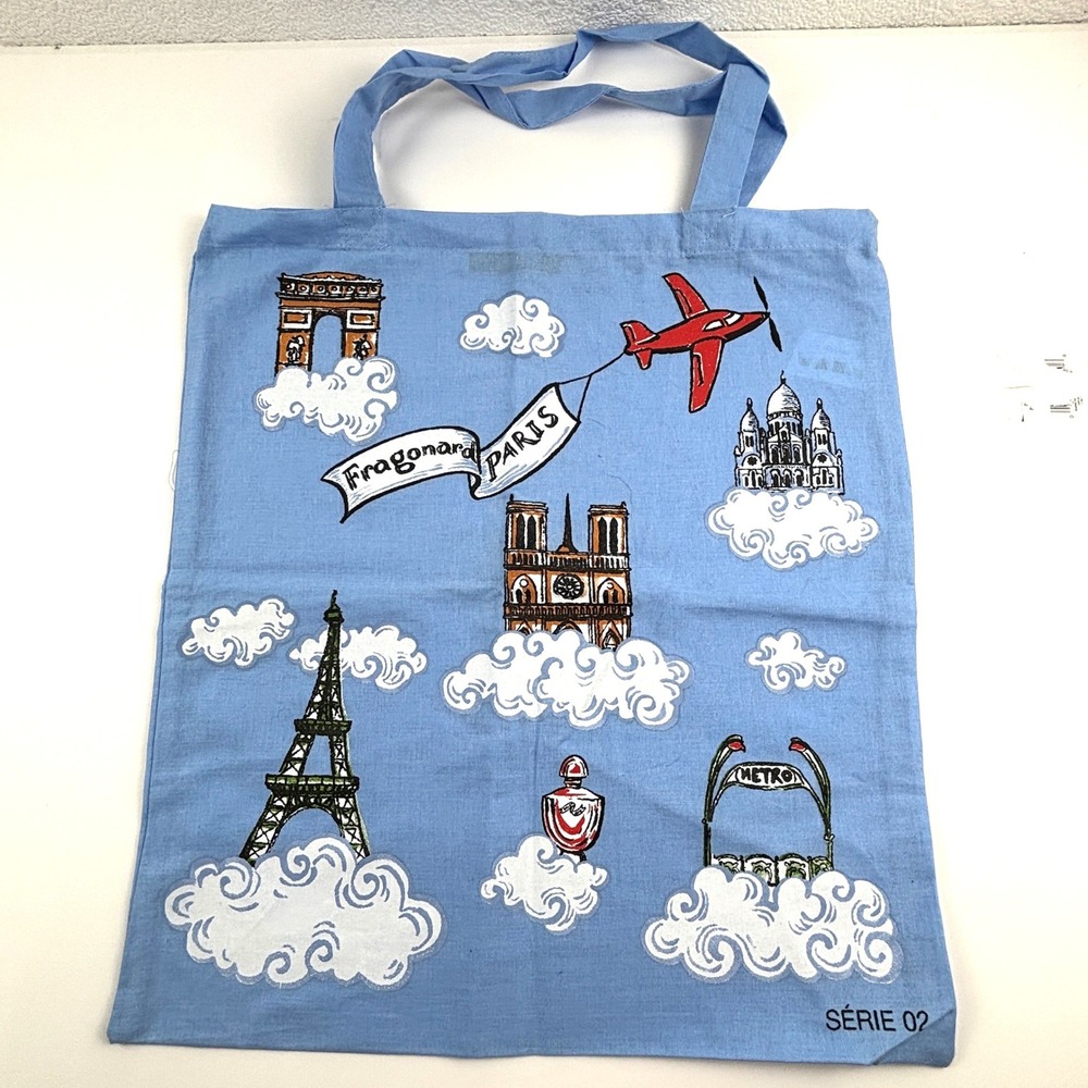French Fragonard Tote Bag Unisex Blue Paris Landmarks Cotton EF Tours Pariscore